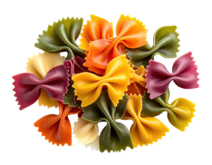 A colorful pile of farfalle pasta, in various hues, on a black background