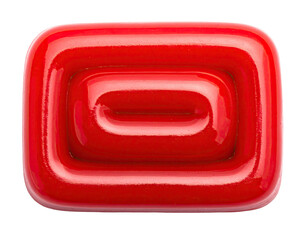 Glossy, red, rectangular object with a recessed, nested, oblong shape