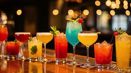 A vibrant assortment of cocktails lined up for National Happy Hour Day celebrations