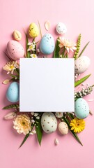 Floral framed blank card, pastel easter eggs on pink background