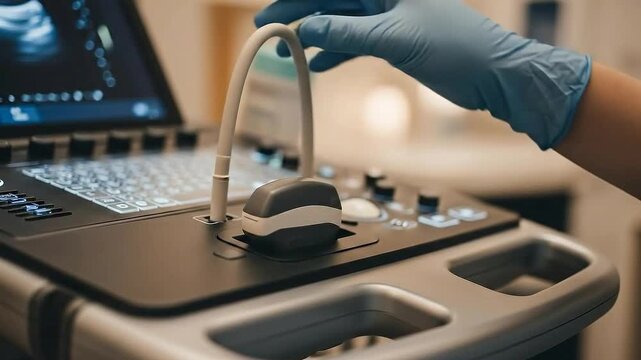 Close up of a gloved hand operating an ultrasound machine displaying fetal imaging for medical diagnostics and research purposes