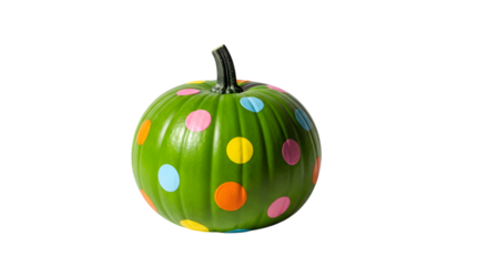 A vibrant green pumpkin decorated with colorful polka dots isolated on transparent background