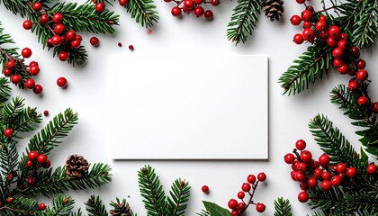 Festive frame with fir, berries, and blank card center