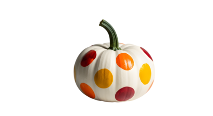A small white pumpkin decorated with colorful polka dots in shades of orange yellow and red isolated on transparent background
