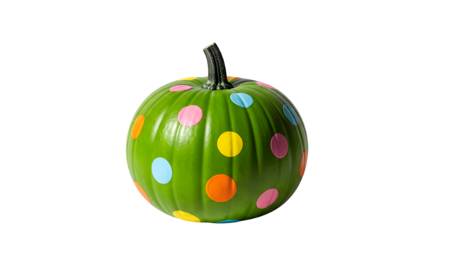 A vibrant green pumpkin decorated with colorful polka dots isolated on transparent background