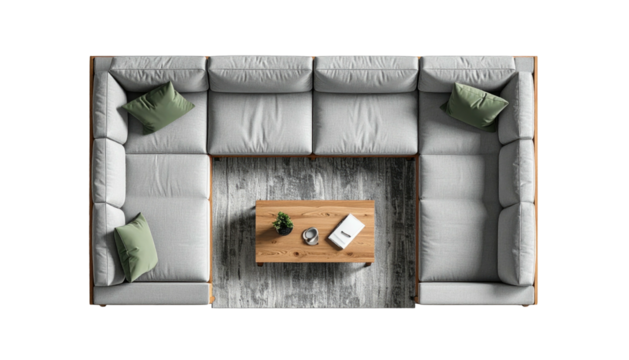Sectional sofa, pillows, coffee table, top-down view