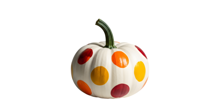 A small white pumpkin decorated with colorful polka dots in shades of orange yellow and red isolated on transparent background