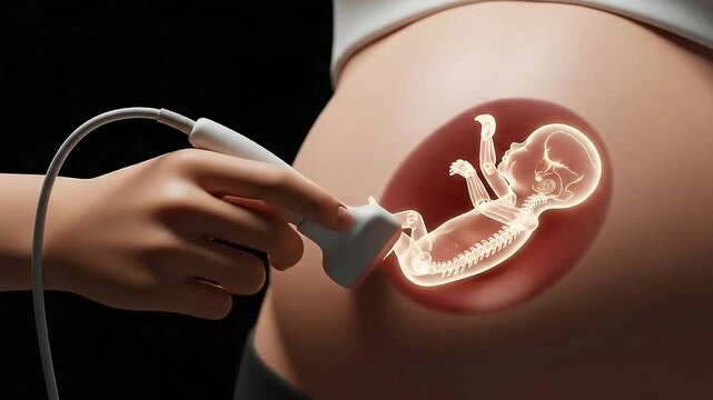 Close up of a glowing fetus within a pregnant abdomen being scanned by an ultrasound transducer in a dark studio setting with soft lighting and a realistic portrayal of