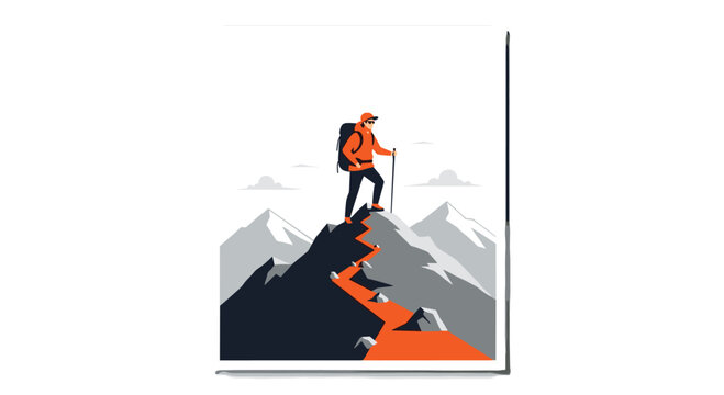 Achieve goals with this illustration of a hiker reaching the mountain peak, conquering challenges, and embracing adventure today