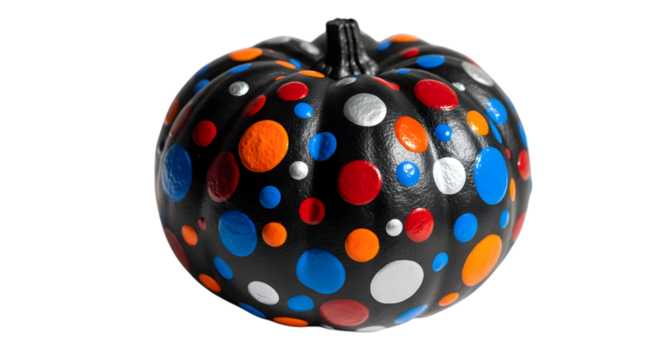 A decorative black pumpkin with colorful polka dots in red blue and orange isolated on transparent background
