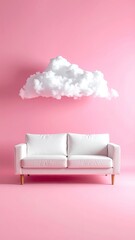 White couch under a fluffy cloud on a pink background