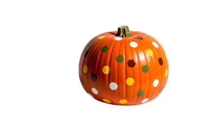 Bright orange pumpkin decorated with colorful polka dots isolated on transparent background