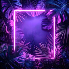 Neon square, framed by tropical foliage, shades of purple
