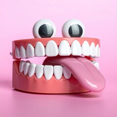 Googly-eyed toy dentures, tongue out, on bright pink