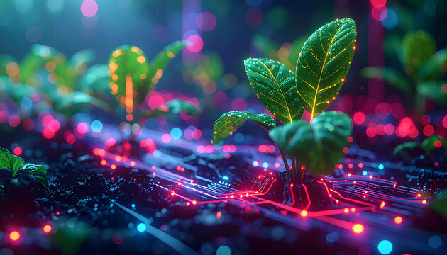Advanced agritech concept illustrating smart farming where digital data networks and glowing circuits nurture green plant seedlings