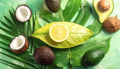 Fruits, avocado, lemon, and coconut on large green leaves