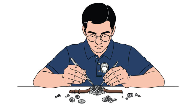 Expert watchmaker meticulously repairing intricate timepiece with precision tools in bright workshop, showcasing craftsmanship and skill