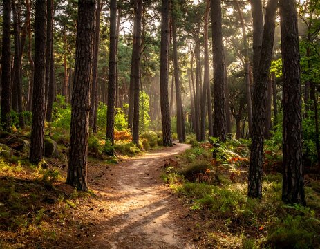 A sunlit trail winds through a vibrant forest scene - Powered by Adobe