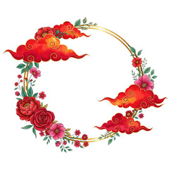 Elegant golden oval frame adorned with vibrant red roses and fiery orange clouds isolated on transparent background