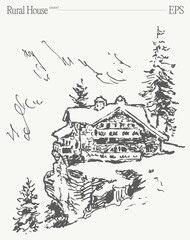 Charming and Inviting Rural House Sketch Featuring a Beautiful and Scenic Landscape View