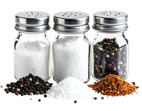 Three glass shakers with white salt, ground peppercorns, and spices on a black
