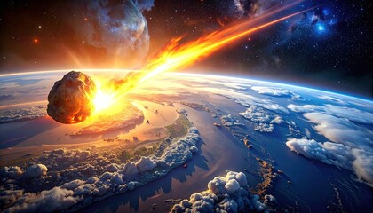 Fiery meteor streaks toward Earth over rivers and clouds