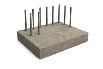 Reinforced concrete foundation base with steel rebar rods extending upwards for new building construction, transparent background