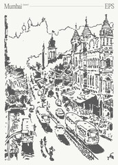 A detailed illustration of a vibrant Mumbai street scene, showcasing vintage charm and culture
