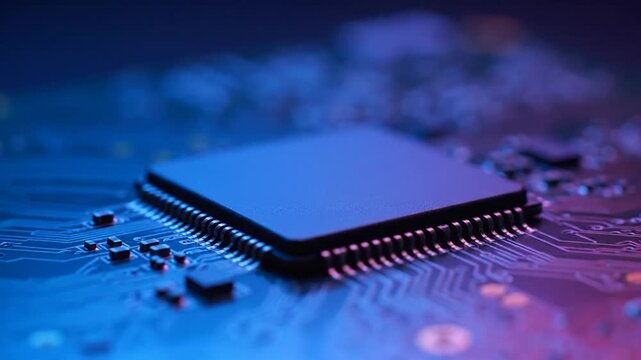 A close-up of a central processing unit (CPU) chip on a circuit board, illuminated in neon hues