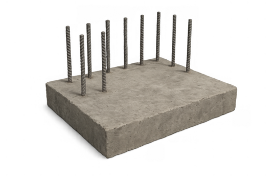 Reinforced concrete foundation base with steel rebar rods extending upwards for new building construction, transparent background