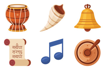 Flat illustration set for Hindu festival music, featuring drum, horn, bell, scroll, and musical notes.