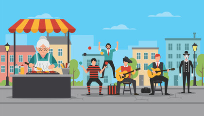 Lively street performers entertaining crowds with music, juggling, and delicious food from a street vendor in a vibrant city scene