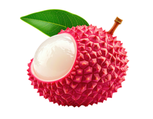 A single, partially peeled, bright red fruit with a green leaf against black