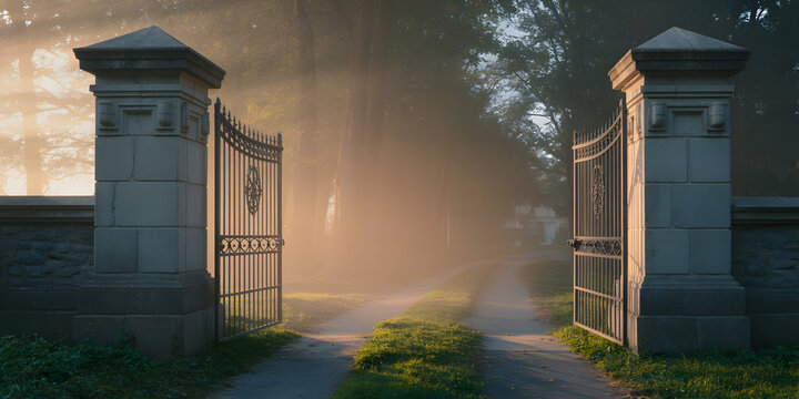 Open ornate iron gates at dawn with sun rays through misty trees.
