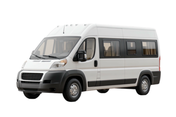 White passenger van, dark windows, black trim, front view