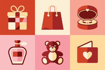 Flat illustration set for Valentine's Day gifts, showing shopping bag, perfume, teddy bear, and diamond ring box.