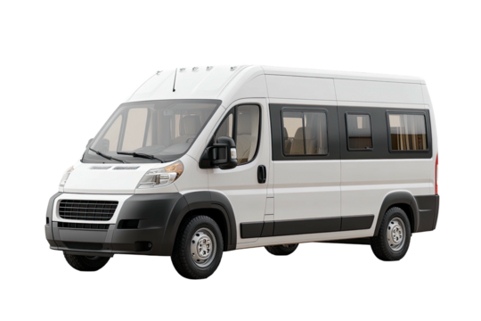 White passenger van, dark windows, black trim, front view