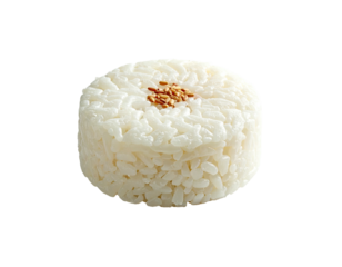 A cylindrical mound of cooked white grains topped with toasted seeds, isolated