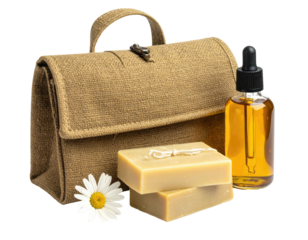 Close-up of a toiletry bag, two soap bars, a dropper bottle, and a flower