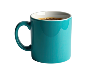 A teal ceramic mug, filled with dark brown liquid, set against a black backdrop