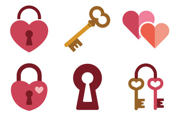 Flat vector icon set for love and romance, featuring heart, key, padlock, and keyhole symbols.