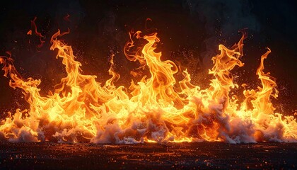 Fototapeta premium Wall of intense fire rises from dark ground