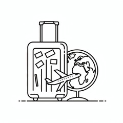 Simple line icon illustration of a suitcase, globe, and airplane for concepts of global travel, tourism, and vacation