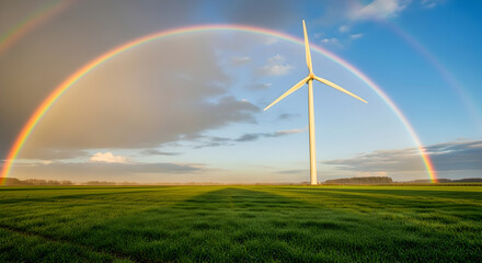 Sustainable Future: Majestic Wind Turbine Under a Double Rainbow in Green Field