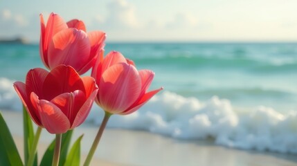 Serene Coastal Bloom Three Delicate Pink Tulips Gracefully Placed Near Ocean Waves on a Sunny Day