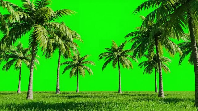 Green Screen harvesting design palm trees and grass on a background for keying alpha channel scene 3 with distortion, overlay, glitch, static noise, scan lines black background, 4k animated video loop