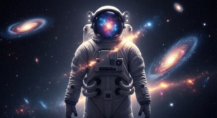 Astronaut's Cosmic Reflection: Galaxy-Filled Helmet, Stellar Space Exploration.