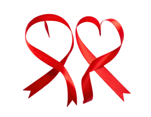 Two interwoven red ribbons forming heart shapes on a black background