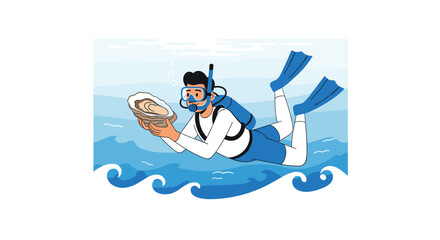 Obraz premium Scuba diver discovering oyster underwater in ocean waves, perfect for travel blogs and seafood promotions with a vibrant, dynamic style