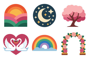 Flat illustration set for romantic scene, featuring swan, rainbow, arch, moon, and flowering tree.